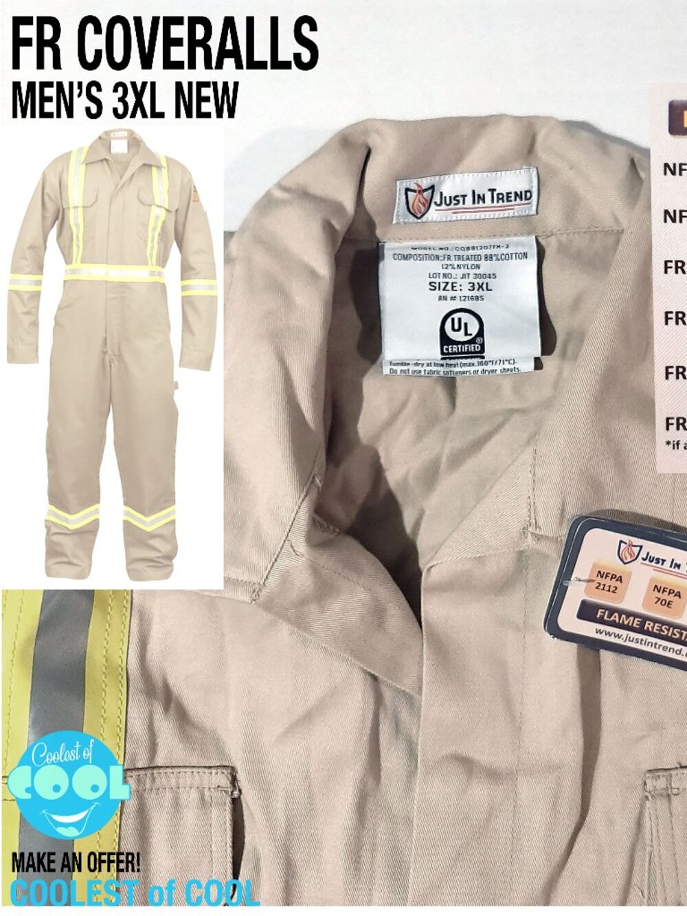 FR Flame Resistant Hi Vis work Coverall 88% C /12% N Khaki color size 3XL NWT
